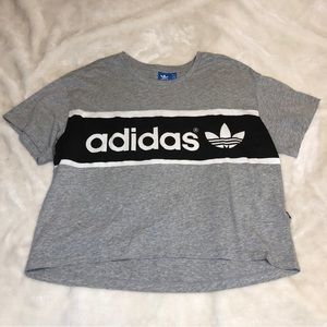 Adidas Grey Striped Cropped T-shirt Size Medium